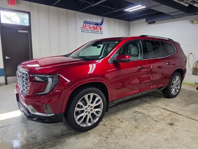 2025 GMC Acadia Denali in Volcanic Red Tintcoat — front three-quarter view